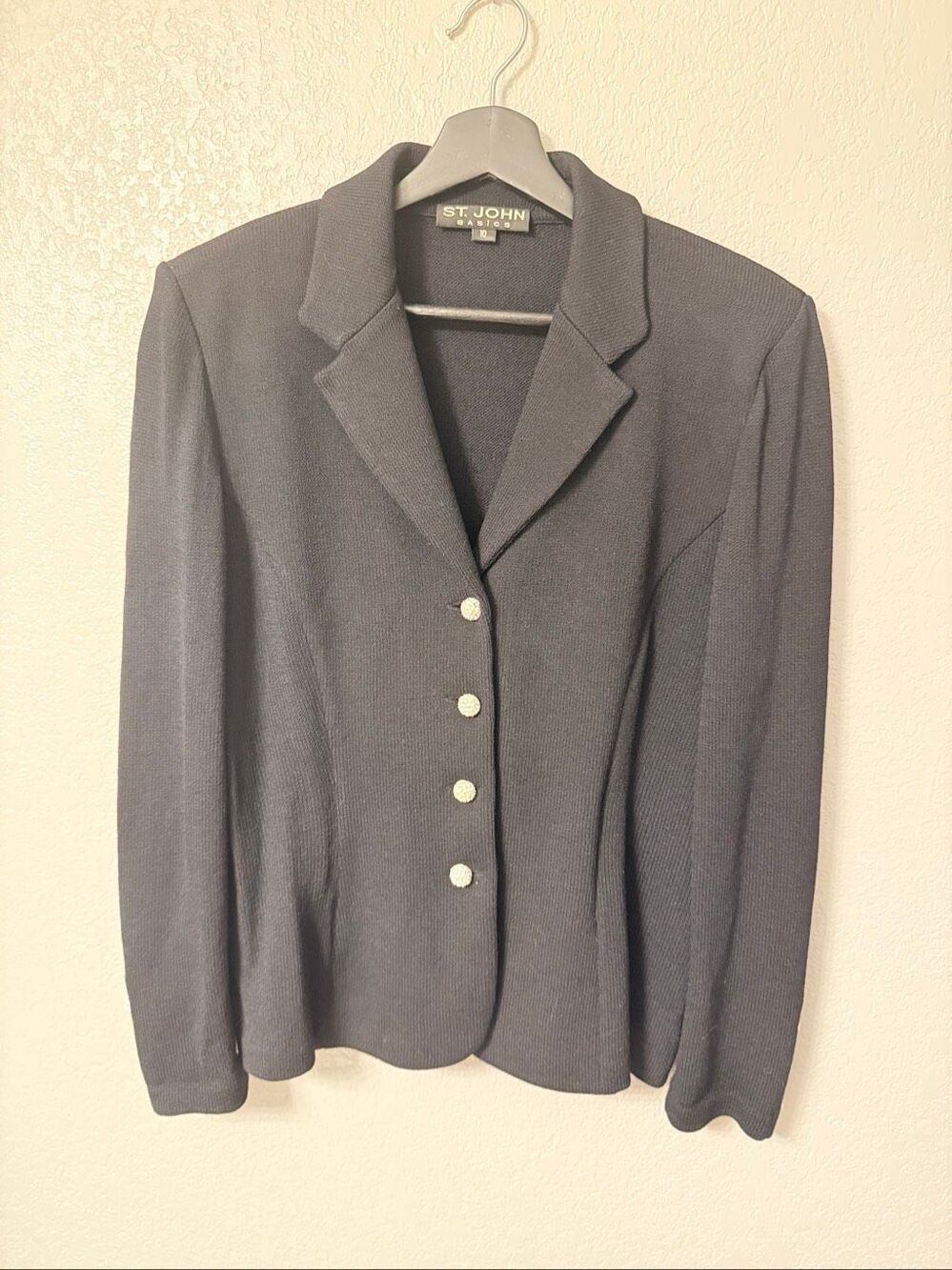 St. John Basics Black Knitwear Jacket with Rhinestone Buttons Size 10